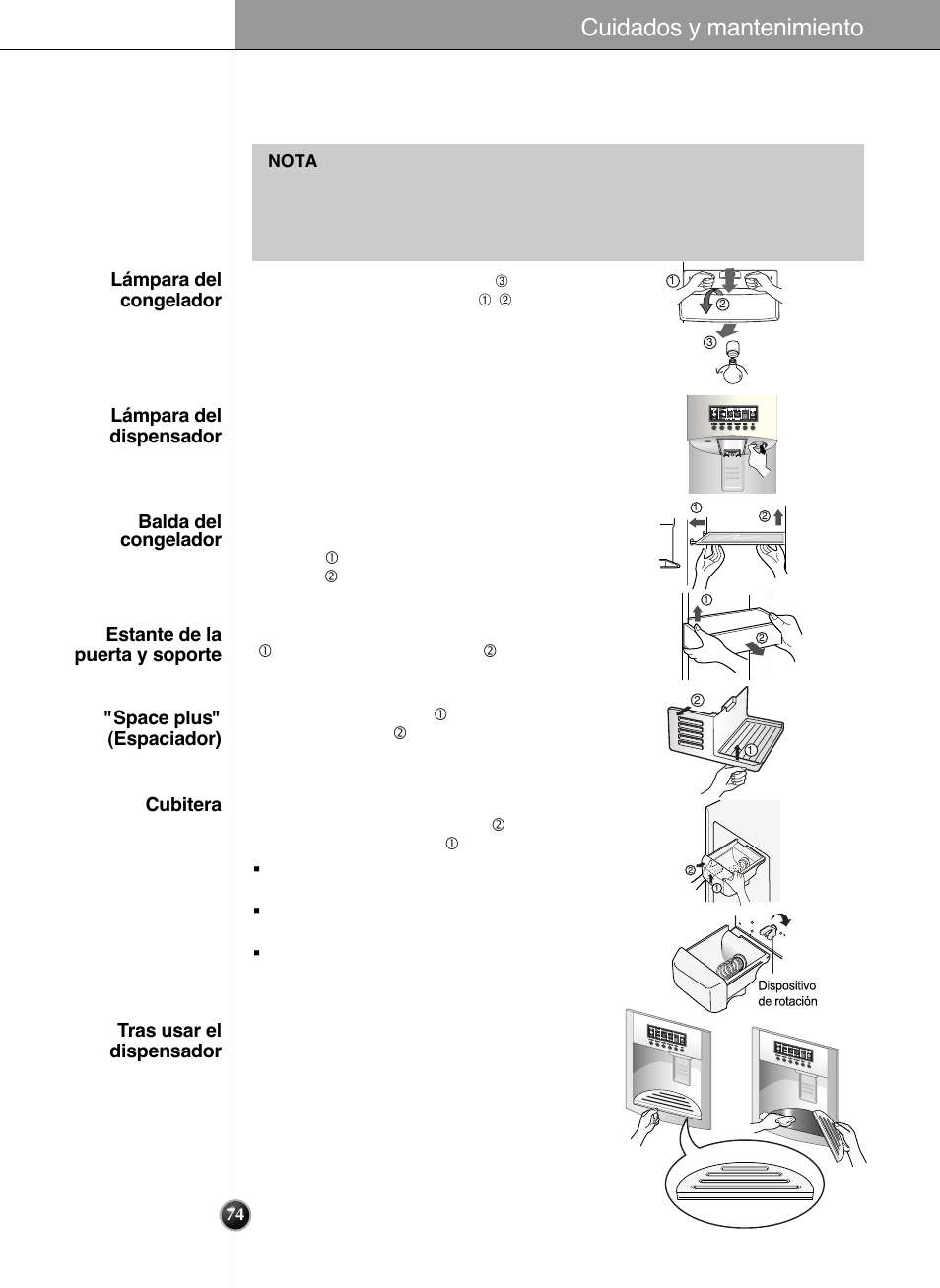 Cómo desmontar las diferentes partes, Cuidados y mantenimiento | LG GRL2060TQA User Manual | Page 74 / 82