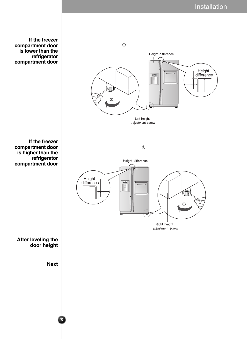 Height adjustment, Installation | LG GRL2060TQA User Manual | Page 8 / 82