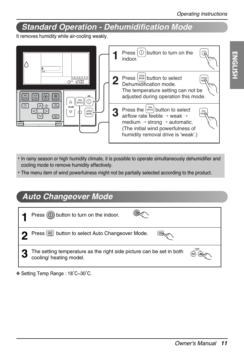 Auto changeover mode, Standard operation - dehumidification mode | LG UT30 User Manual | Page 11 / 304