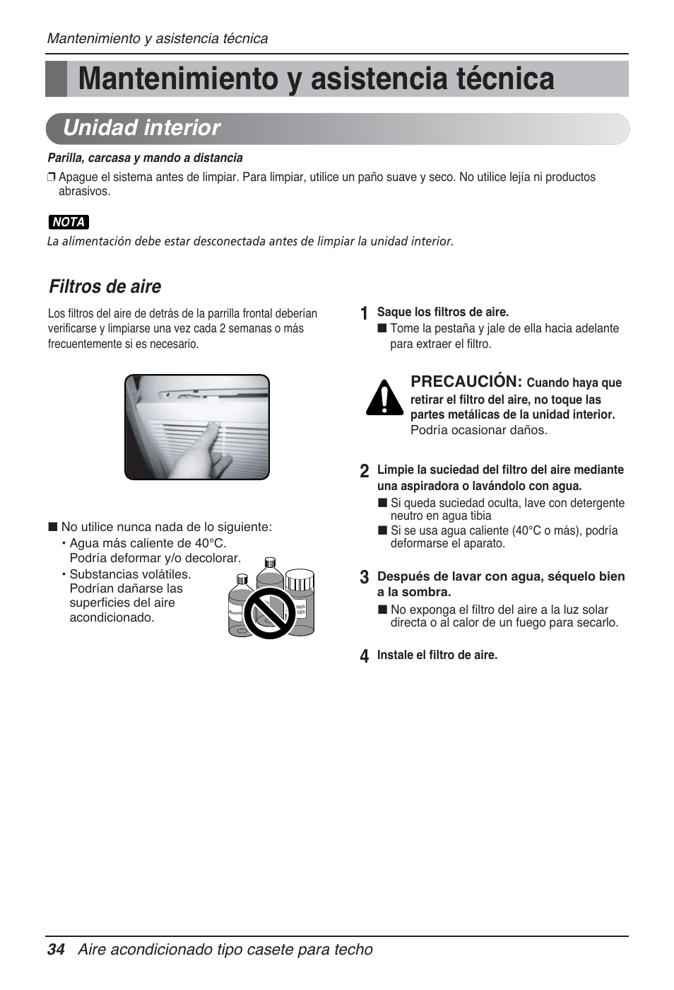 Mantenimiento y asistencia técnica, Unidad interior, Filtros de aire | 34 aire acondicionado tipo casete para techo, Precaución | LG UT30 User Manual | Page 110 / 304
