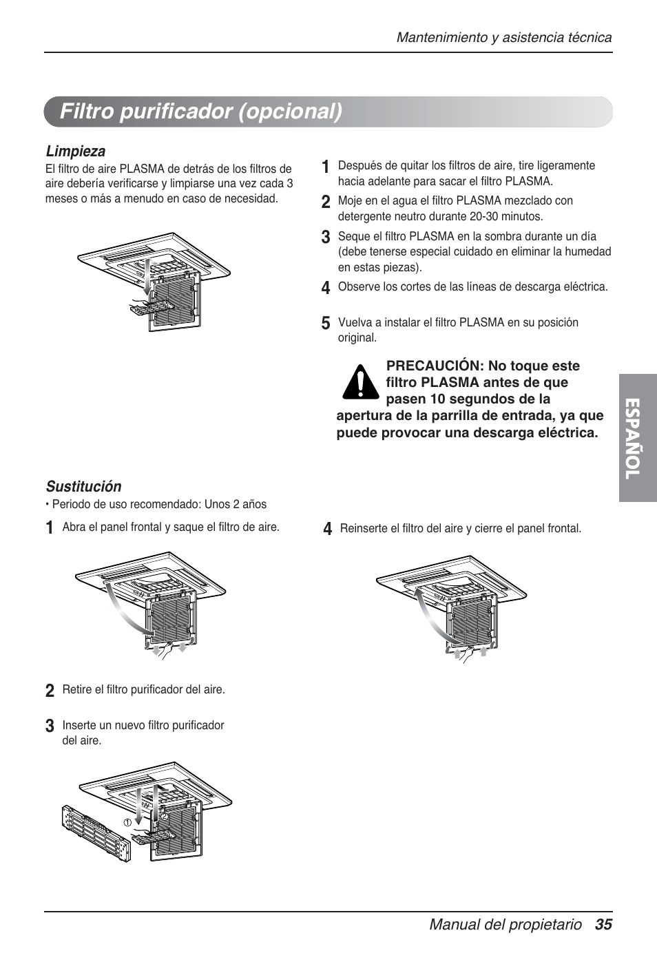 Filtro purificador (opcional), Español | LG UT30 User Manual | Page 111 / 304