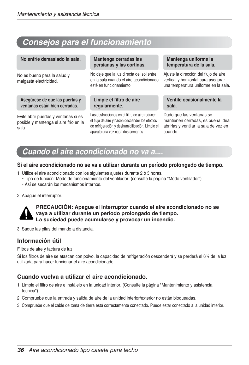 Cuando el aire acondicionado no va a, Consejos para el funcionamiento | LG UT30 User Manual | Page 112 / 304