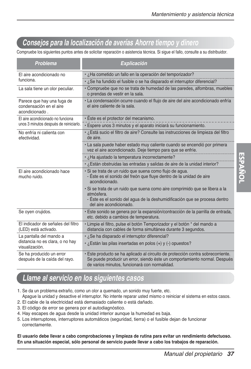 Llame al servicio en los siguientes casos, Español, Manual del propietario 37 | LG UT30 User Manual | Page 113 / 304