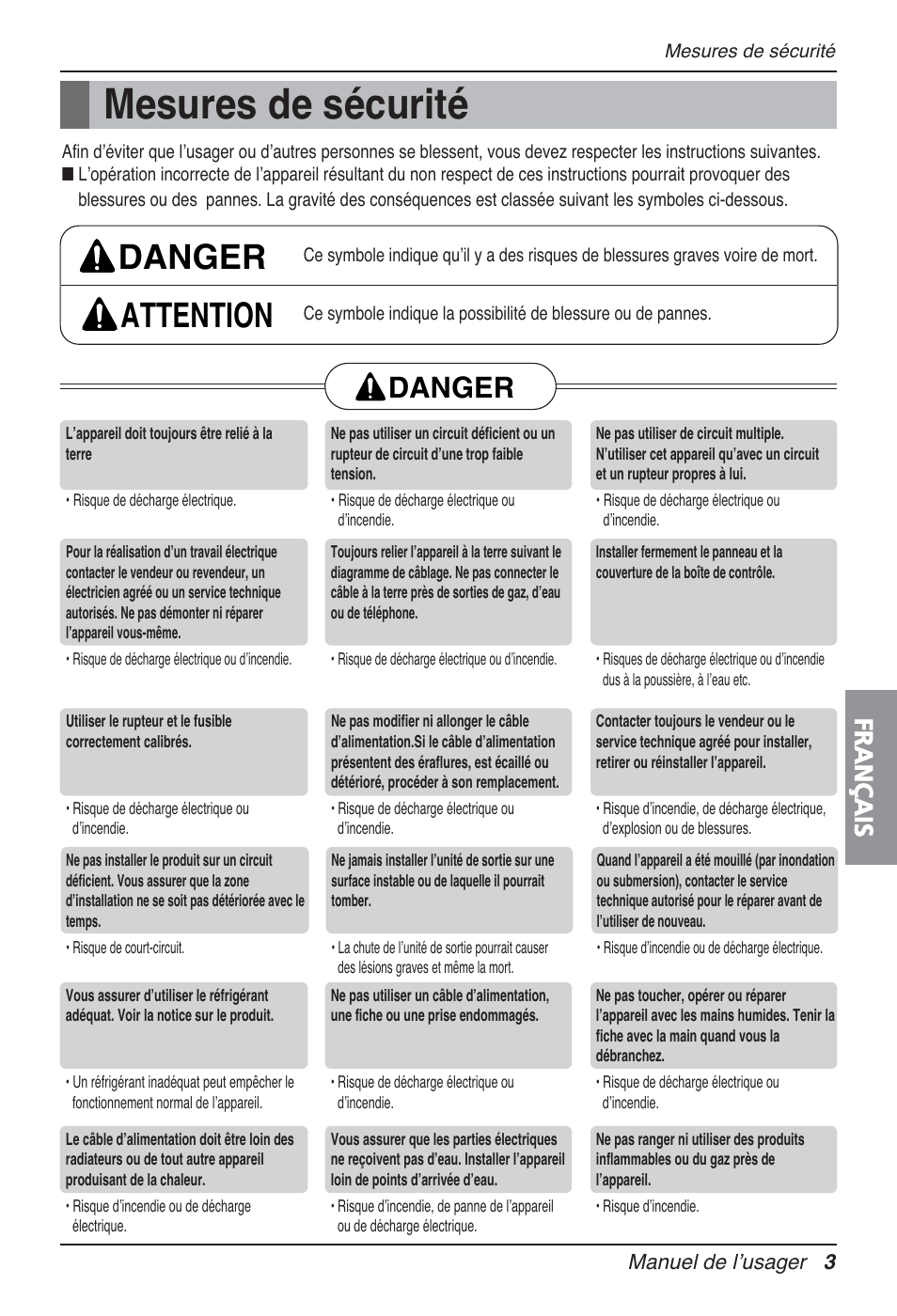 Mesures de sécurité, Danger attention, Danger | Français | LG UT30 User Manual | Page 117 / 304