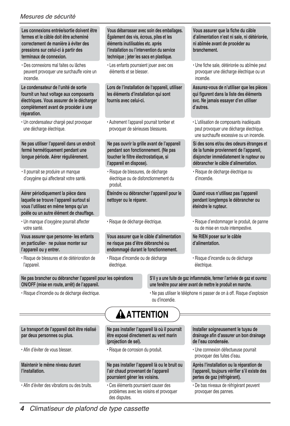 Attention, 4 climatiseur de plafond de type cassette | LG UT30 User Manual | Page 118 / 304