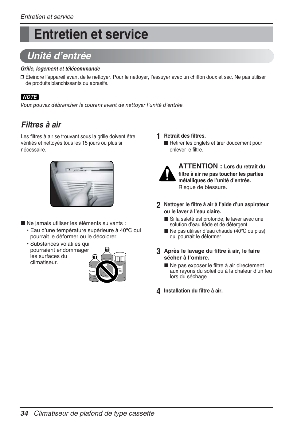 Entretien et service, Unité d’entrée, Filtres à air | 34 climatiseur de plafond de type cassette, Attention | LG UT30 User Manual | Page 148 / 304