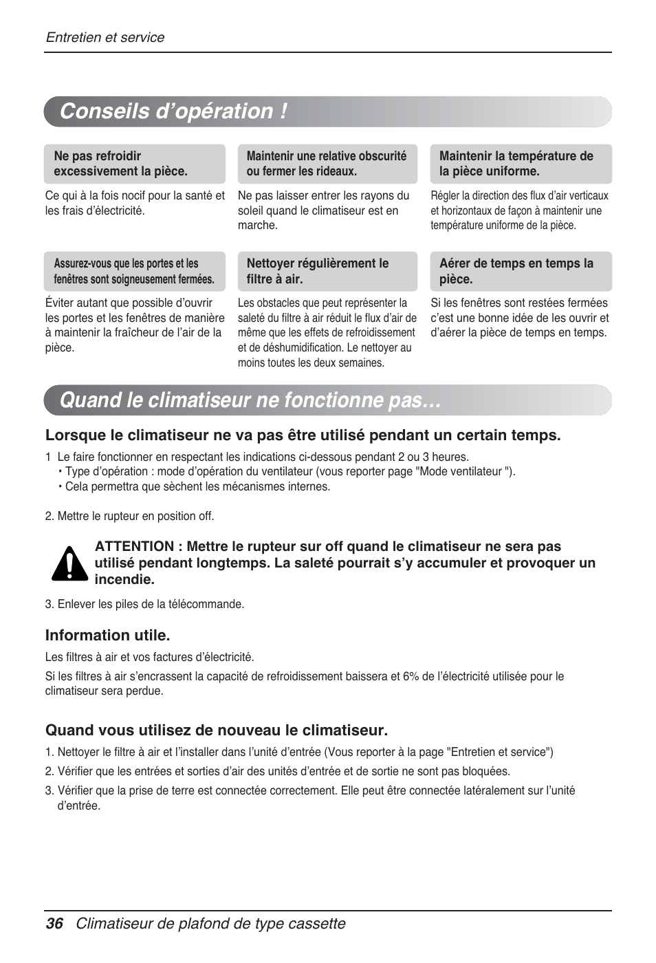 Quand le climatiseur ne fonctionne pas, Conseils d’opération | LG UT30 User Manual | Page 150 / 304