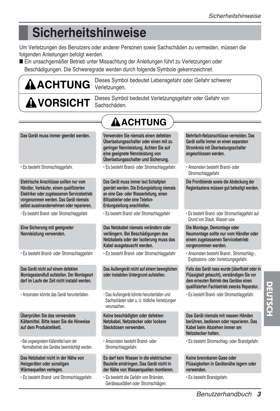 Sicherheitshinweise, Achtung vorsicht, Achtung | Deutsch | LG UT30 User Manual | Page 155 / 304