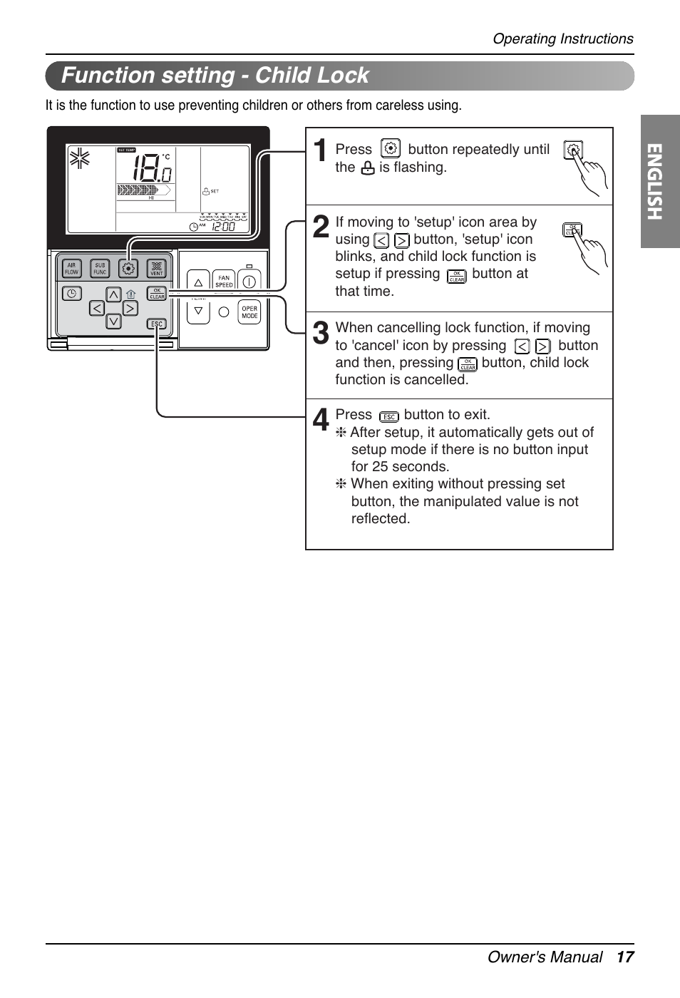 Function setting - child lock | LG UT30 User Manual | Page 17 / 304