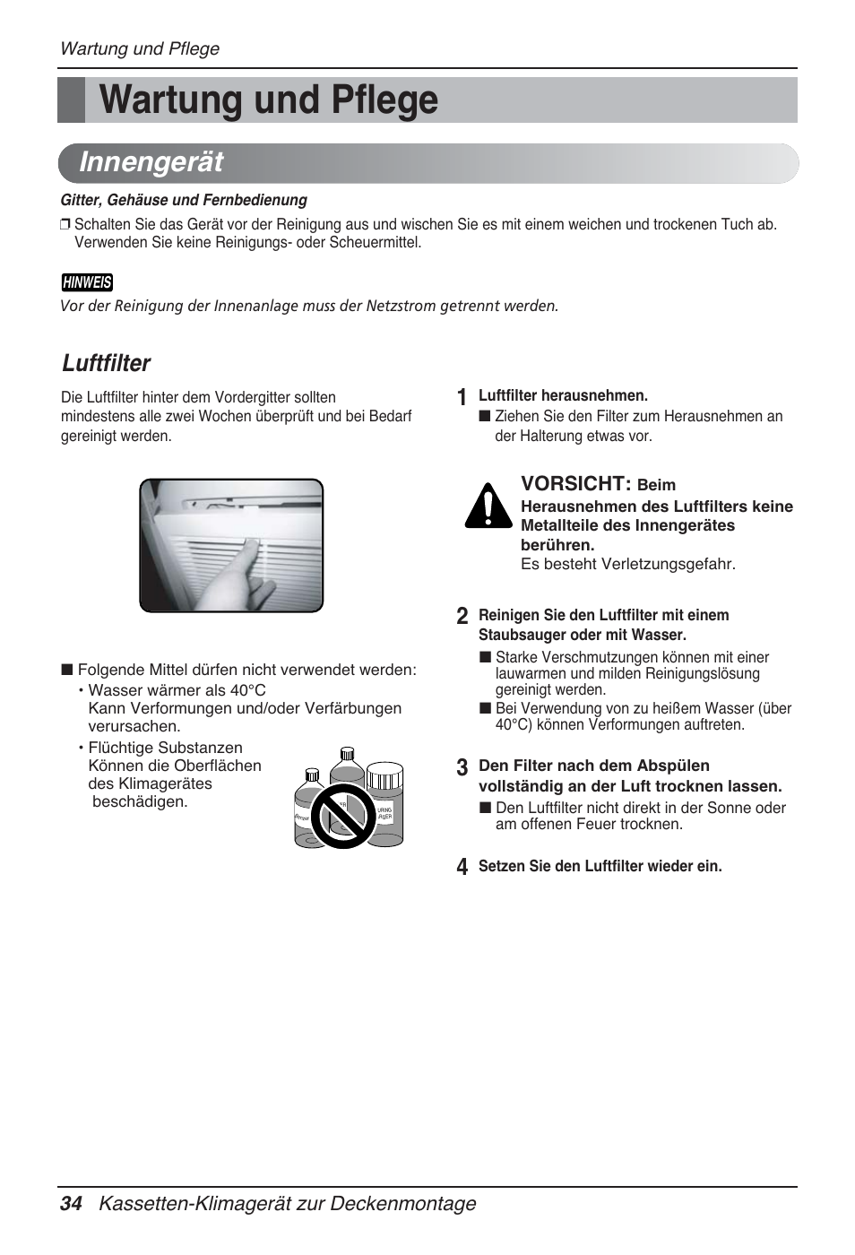 Wartung und pflege, Innengerät, Luftfilter | 34 kassetten-klimagerät zur deckenmontage, Vorsicht | LG UT30 User Manual | Page 186 / 304