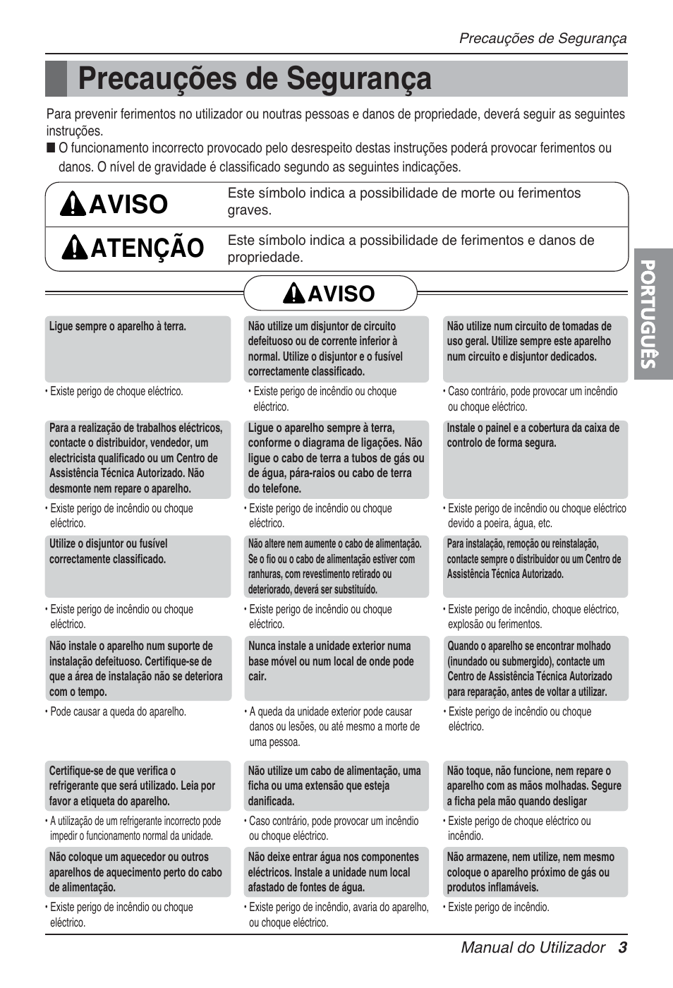 Precauções de segurança, Aviso atenção, Aviso | Português | LG UT30 User Manual | Page 231 / 304
