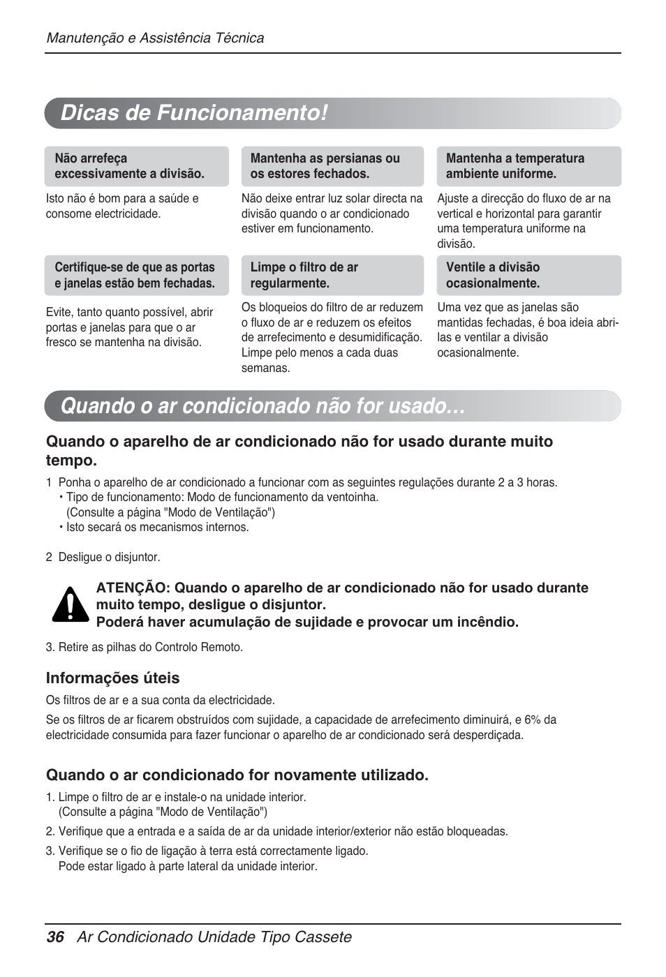 Quando o ar condicionado não for usado, Dicas de funcionamento | LG UT30 User Manual | Page 264 / 304