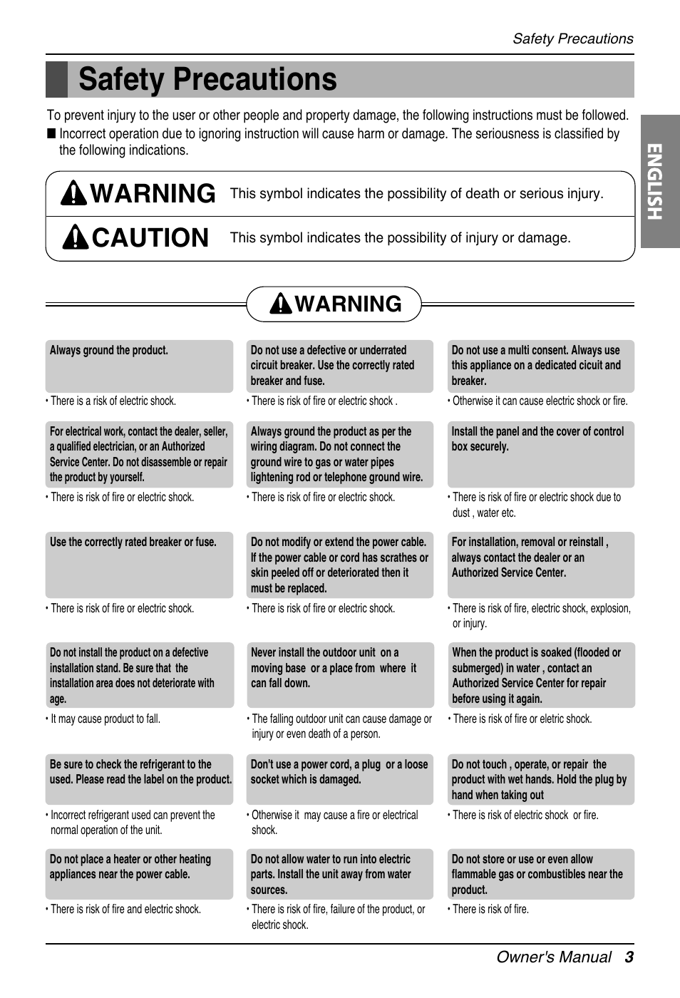 Safety precautions, Warning caution, Warning | English | LG UT30 User Manual | Page 3 / 304
