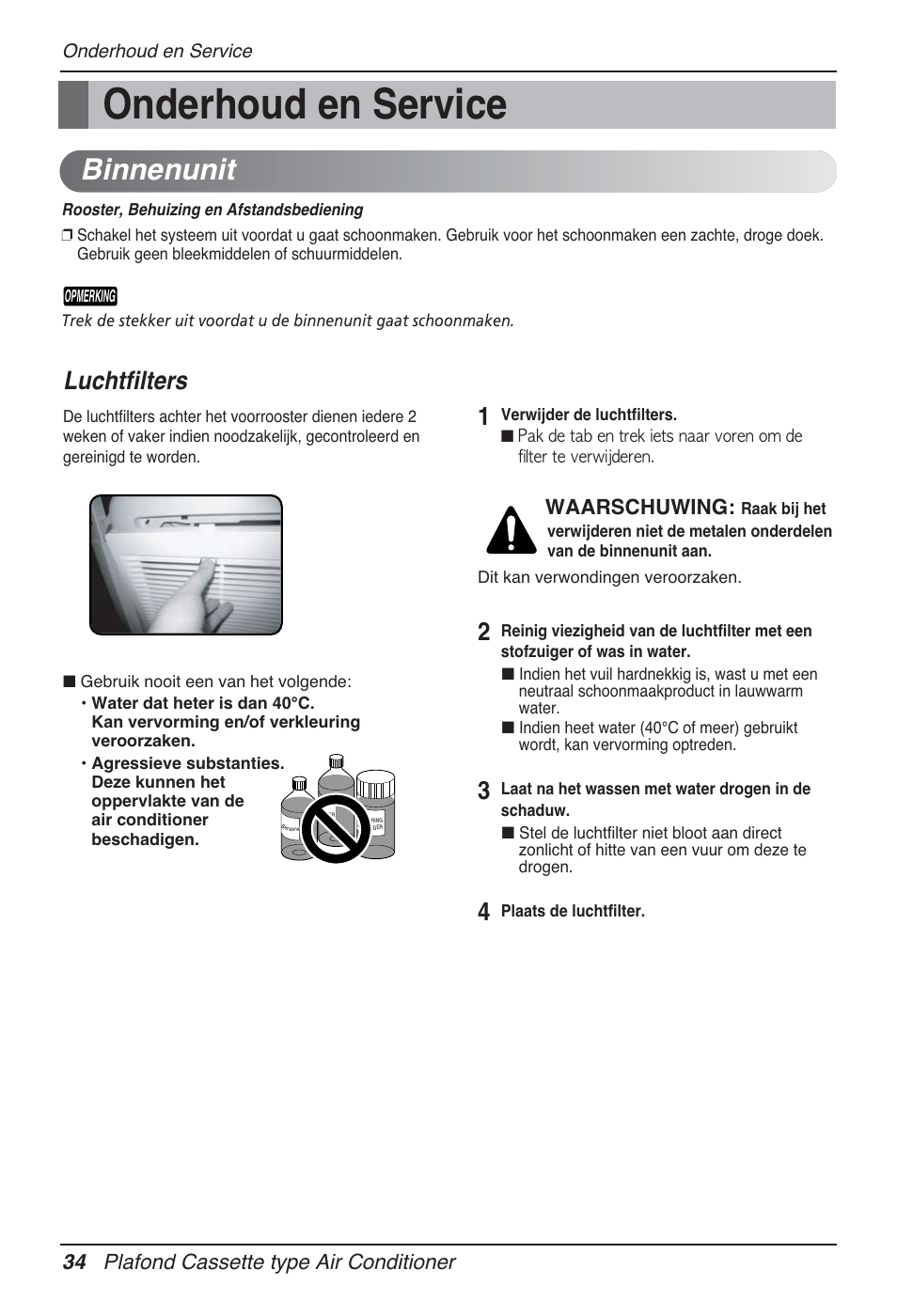 Onderhoud en service, Binnenunit, Luchtfilters | 34 plafond cassette type air conditioner, Waarschuwing | LG UT30 User Manual | Page 300 / 304