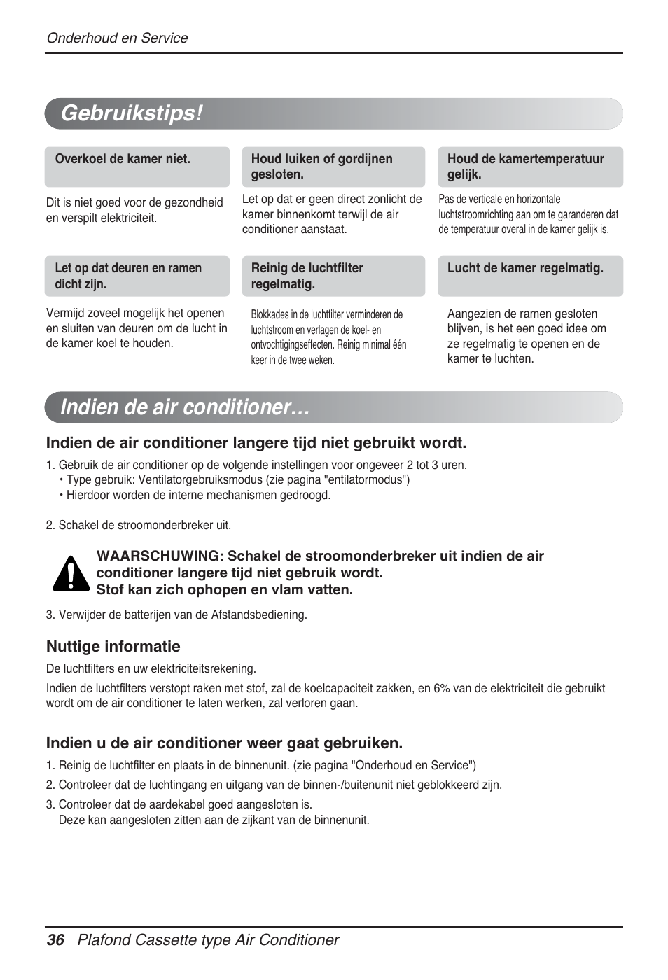 Indien de air conditioner, Gebruikstips | LG UT30 User Manual | Page 302 / 304