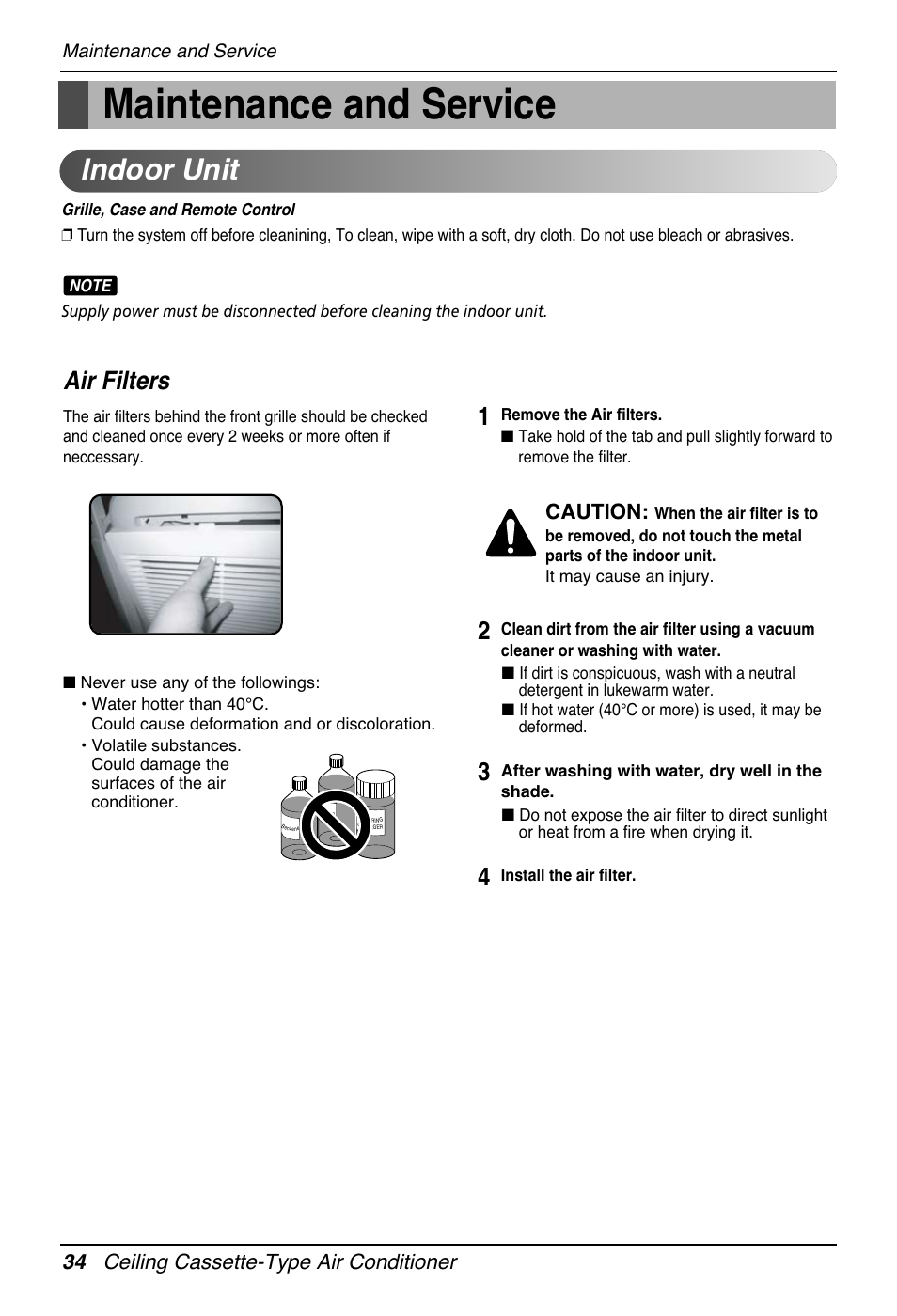 Maintenance and service, Indoor unit, English | Air filters, 34 ceiling cassette-type air conditioner, Caution | LG UT30 User Manual | Page 34 / 304