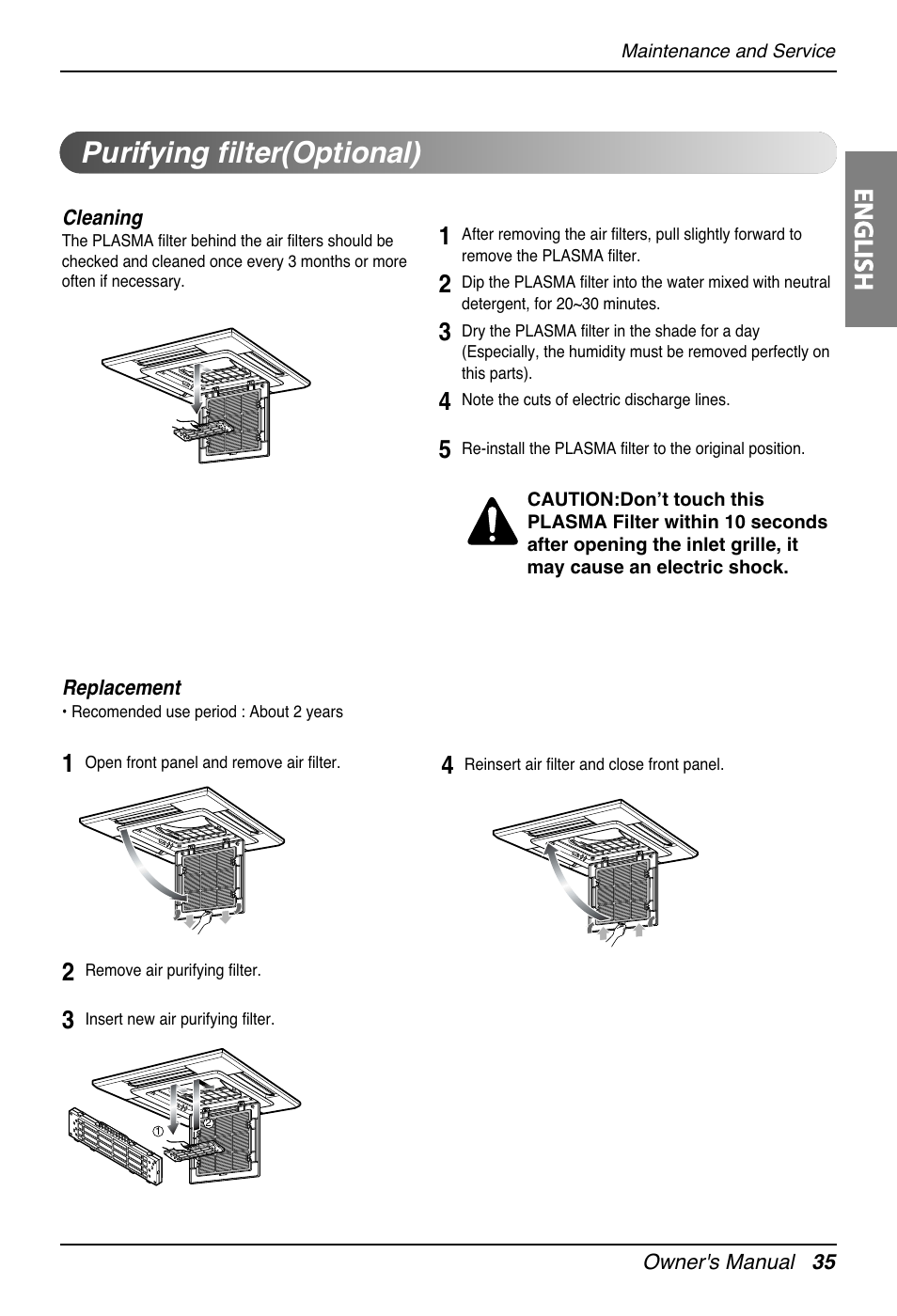 Purifying filter(optional), English | LG UT30 User Manual | Page 35 / 304