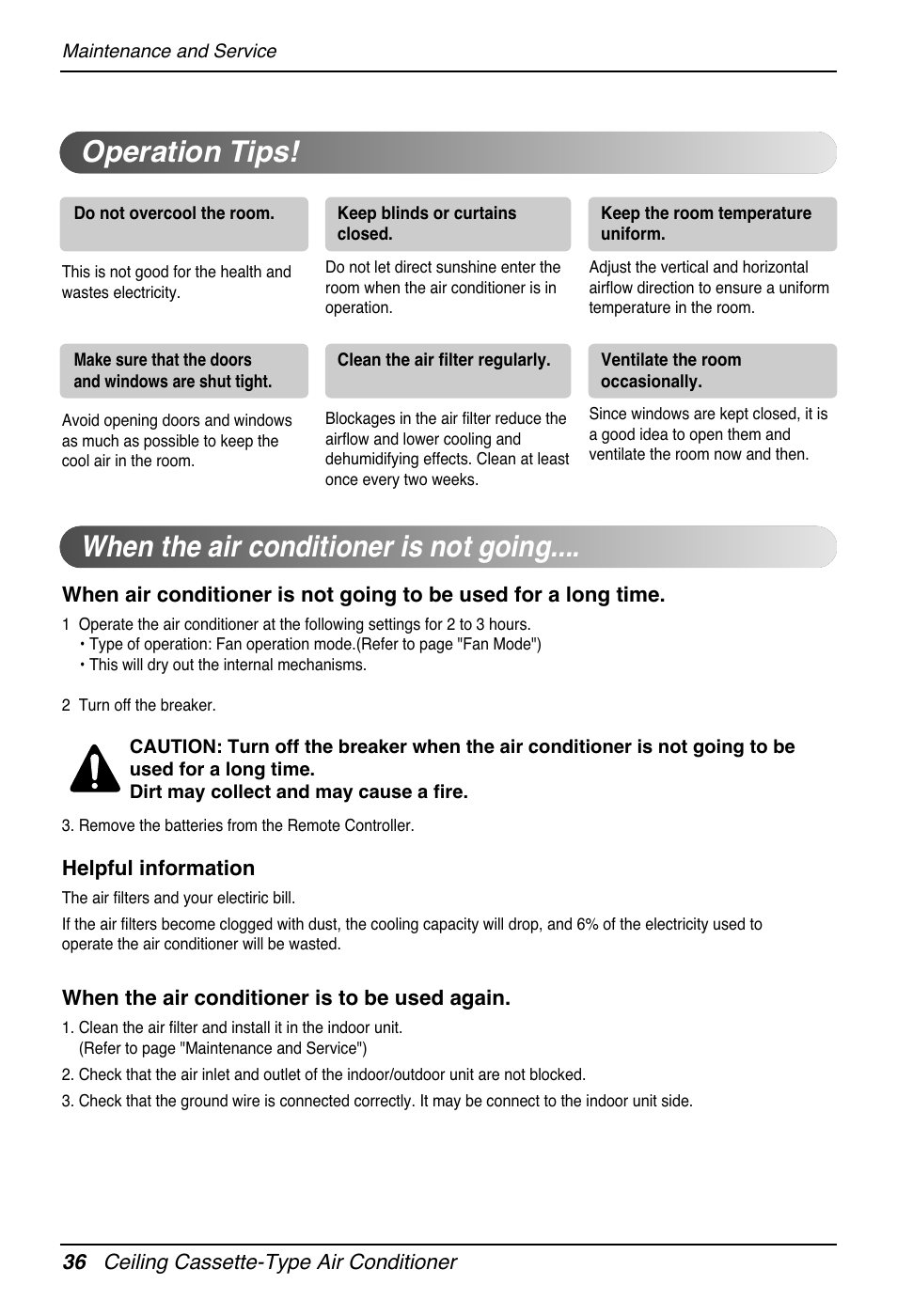 When the air conditioner is not going, Operation tips, English | LG UT30 User Manual | Page 36 / 304