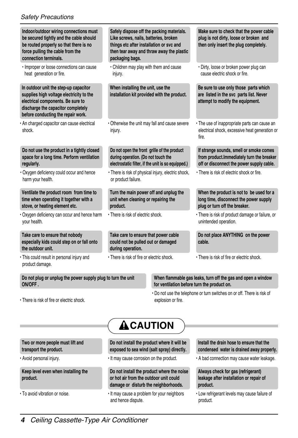 Caution, 4 ceiling cassette-type air conditioner | LG UT30 User Manual | Page 4 / 304