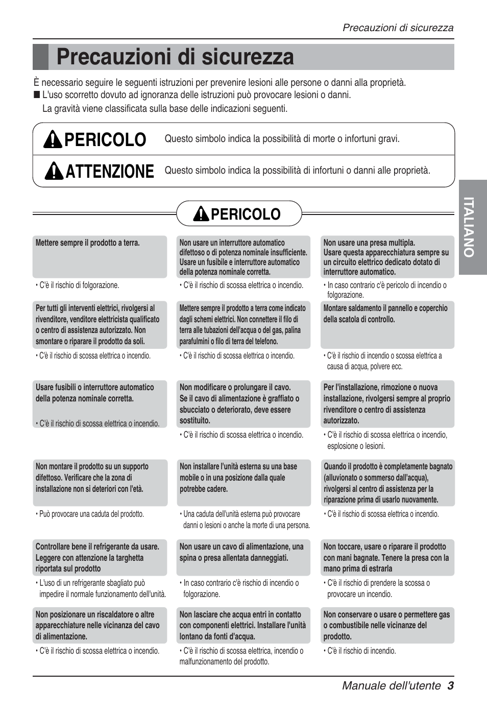 Precauzioni di sicurezza, Pericolo attenzione, Pericolo | It aliano | LG UT30 User Manual | Page 41 / 304