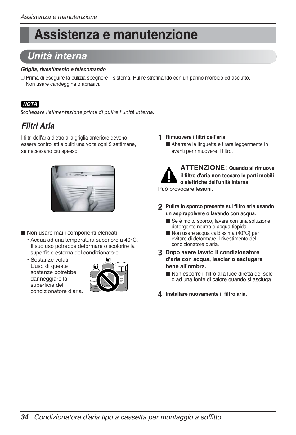 Assistenza e manutenzione, Unità interna, Filtri aria | Attenzione | LG UT30 User Manual | Page 72 / 304