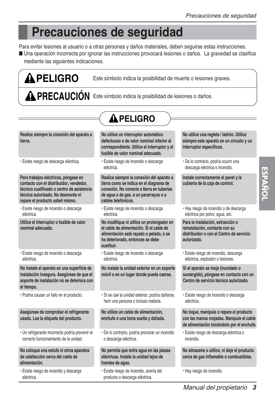 Precauciones de seguridad, Peligro precaución, Peligro | Español | LG UT30 User Manual | Page 79 / 304