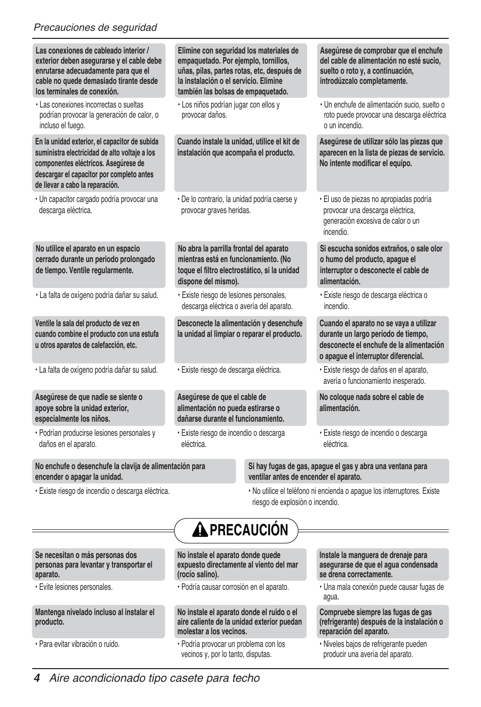 Precaución, 4 aire acondicionado tipo casete para techo | LG UT30 User Manual | Page 80 / 304