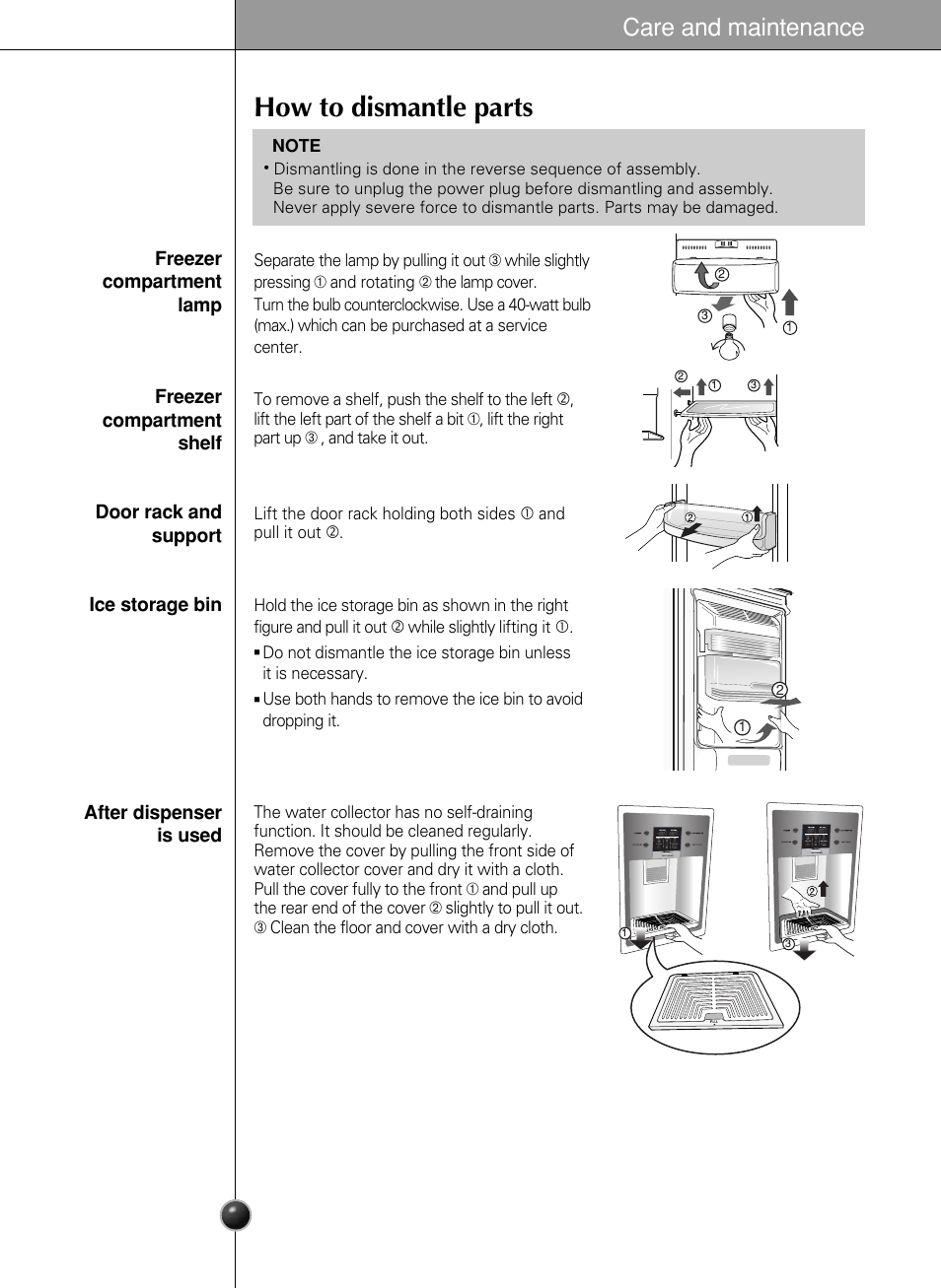 How to dismantle parts, Care and maintenance | LG GWL2275YLQA User Manual | Page 20 / 82