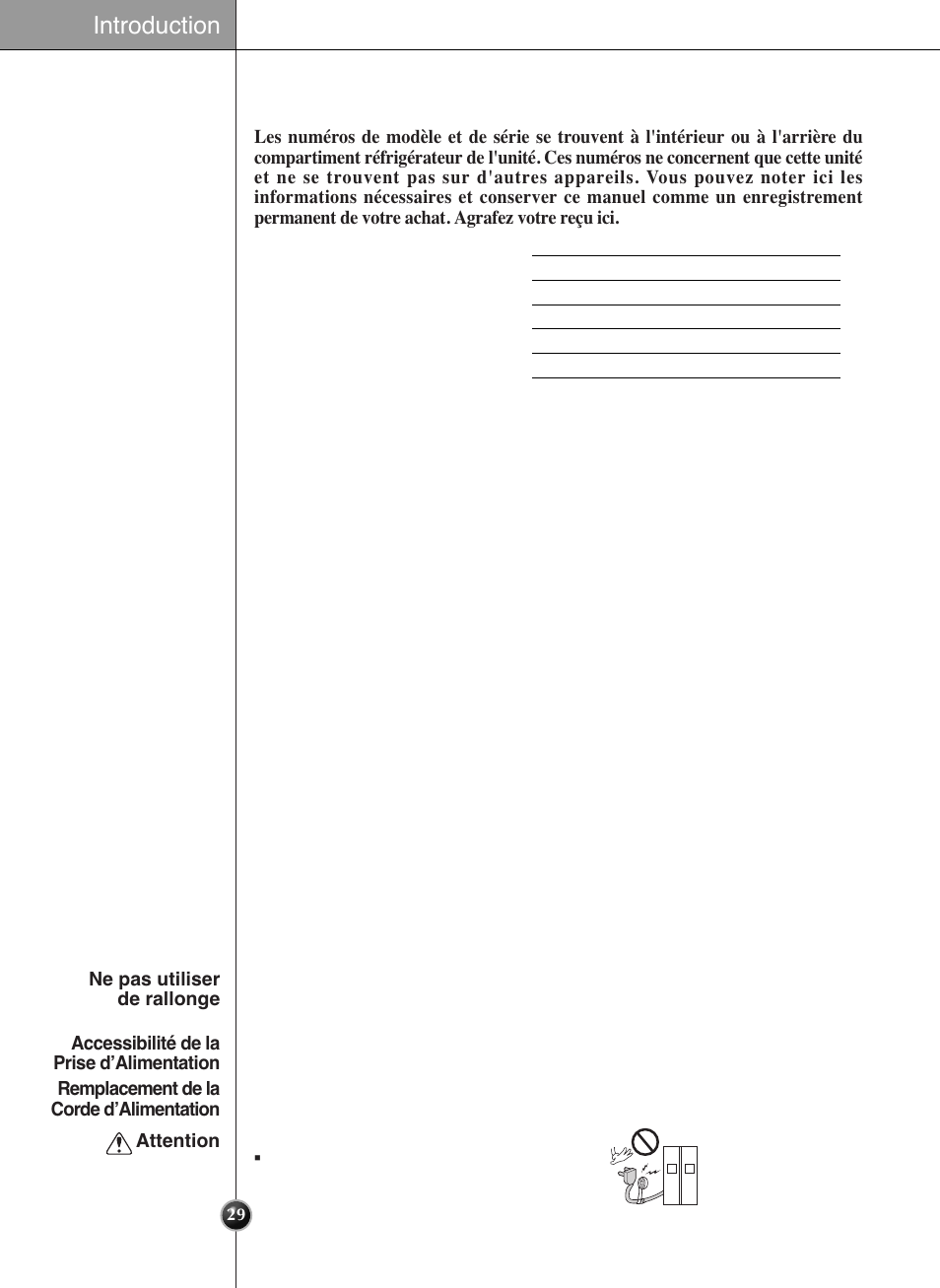Enregistrement, Instructions importantes pour la sécurité, Introduction | LG GWL2275YLQA User Manual | Page 29 / 82