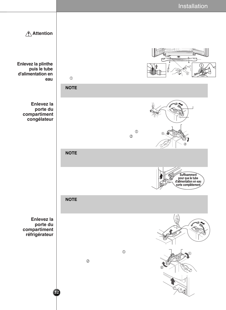 Comment enlever la porte, Installation | LG GWL2275YLQA User Manual | Page 32 / 82