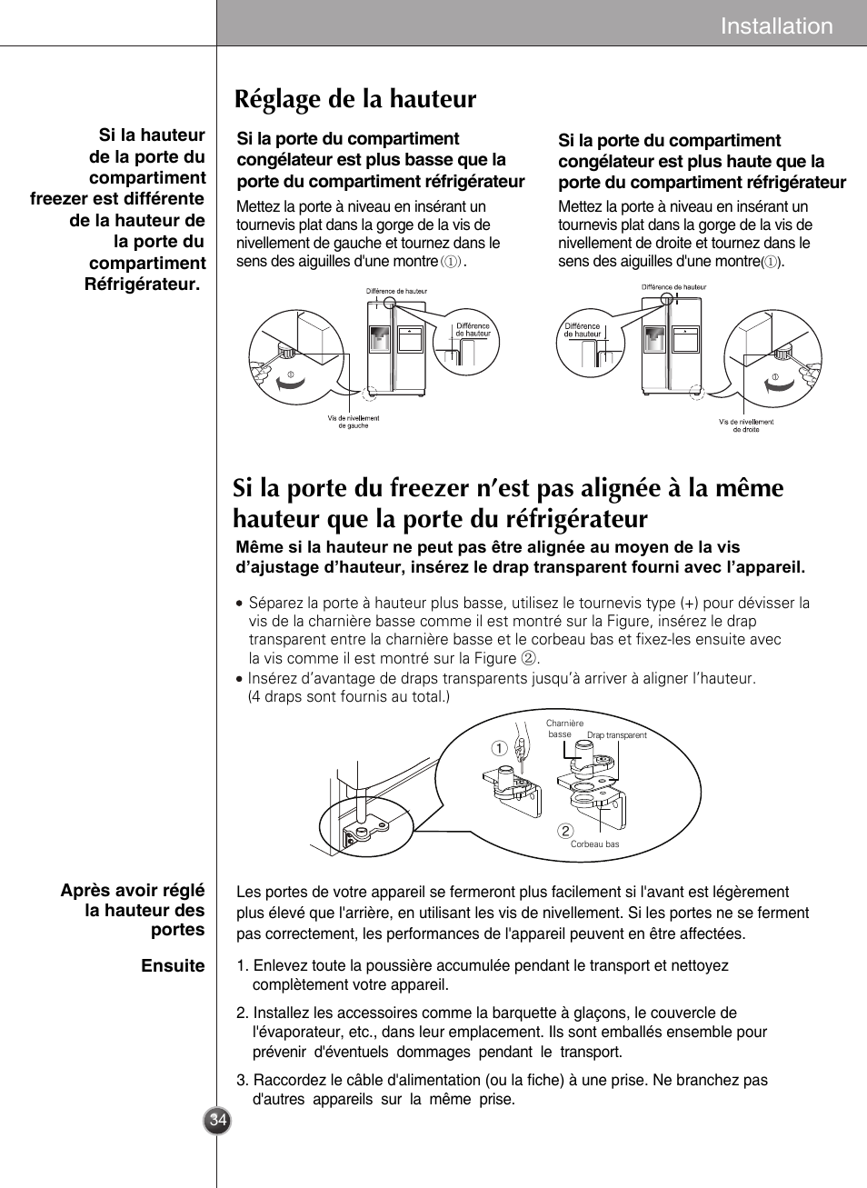 Réglage de la hauteur, Installation | LG GWL2275YLQA User Manual | Page 34 / 82