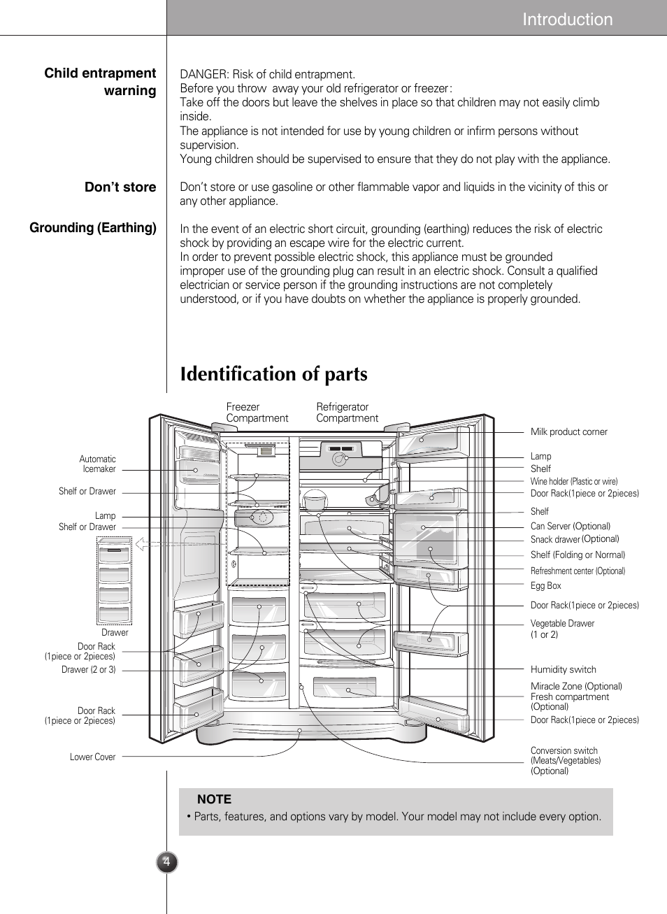 Identification of parts, Introduction | LG GWL2275YLQA User Manual | Page 4 / 82