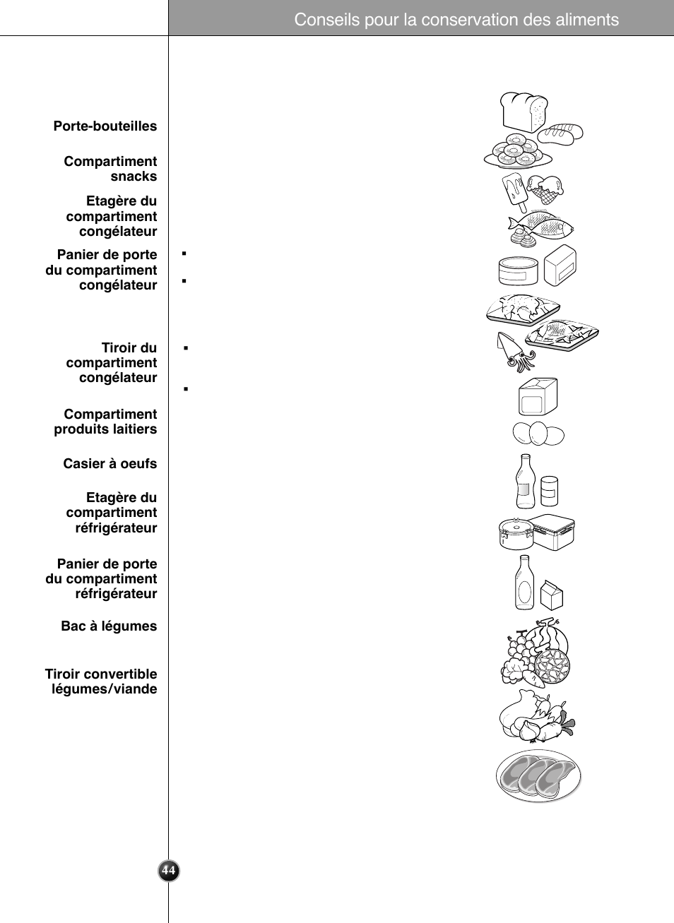 Emplacement des aliments, Conseils pour la conservation des aliments | LG GWL2275YLQA User Manual | Page 44 / 82