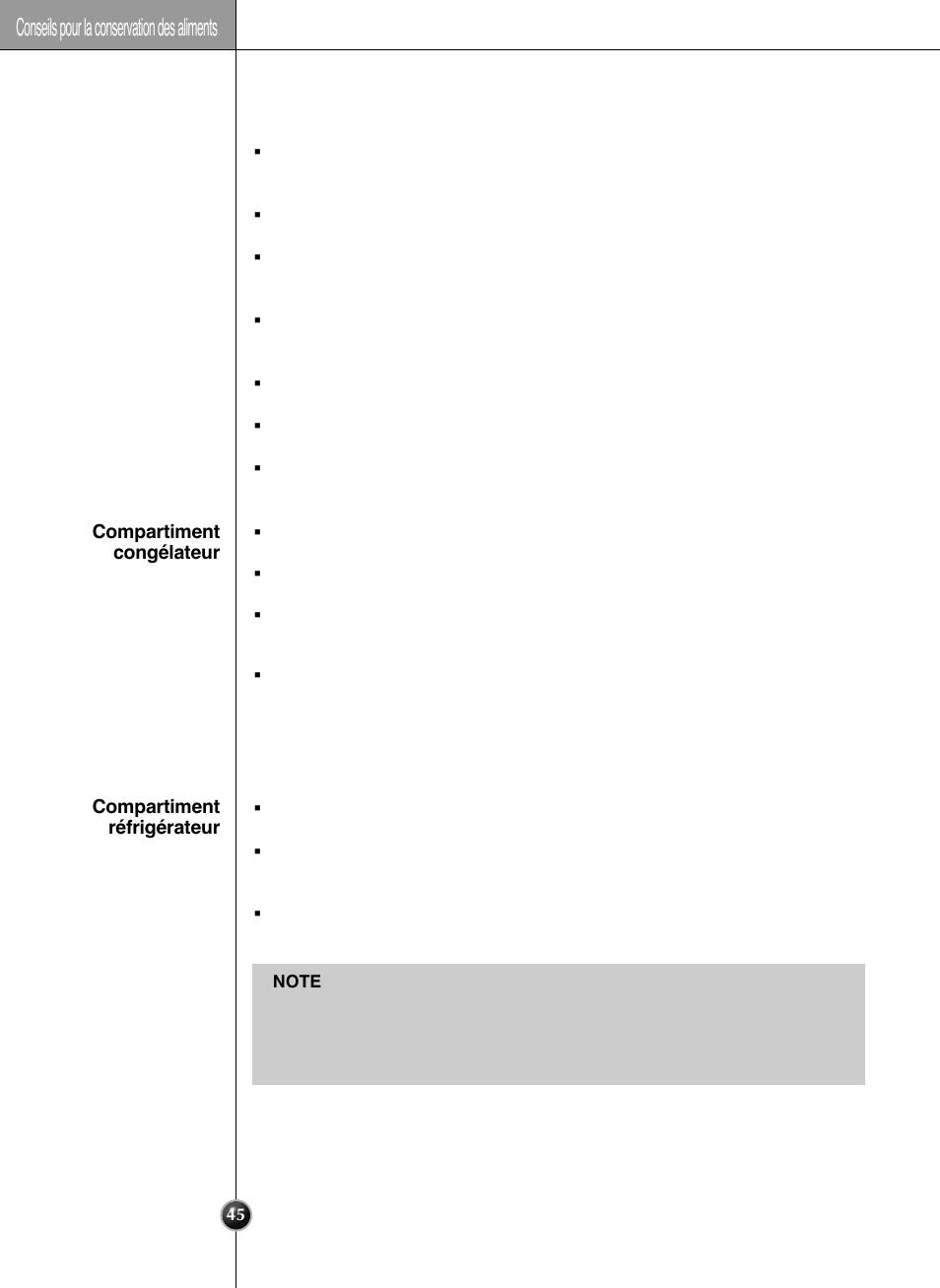 Conservation des aliments, Conseils pour la conservation des aliments | LG GWL2275YLQA User Manual | Page 45 / 82