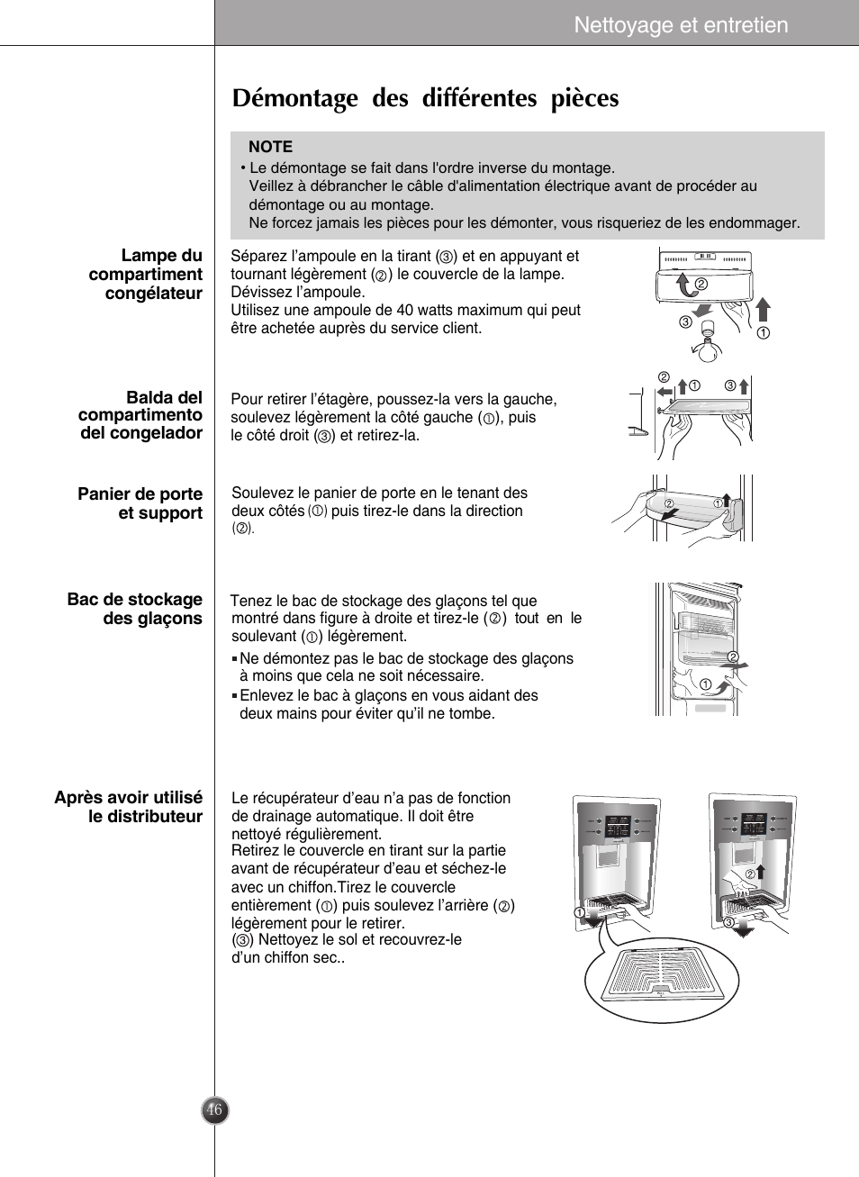 Démontage des différentes pièces, Nettoyage et entretien | LG GWL2275YLQA User Manual | Page 46 / 82