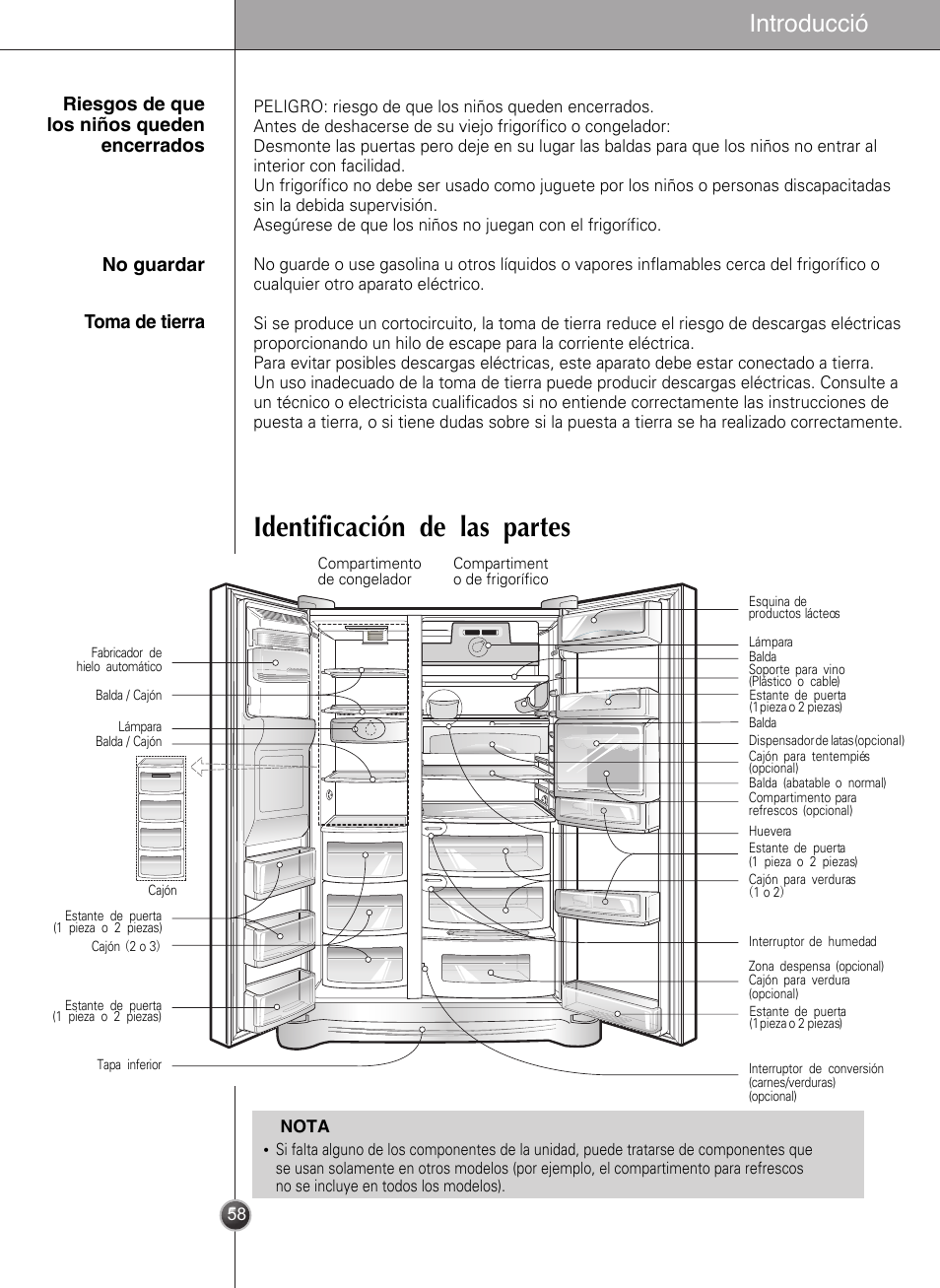 Identificación de las partes, Introducció n | LG GWL2275YLQA User Manual | Page 58 / 82