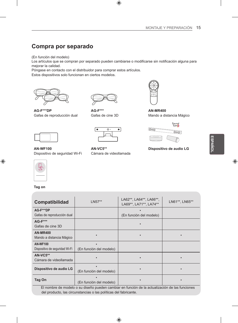 Compra por separado, Compatibilidad | LG 60LN575S User Manual | Page 186 / 335