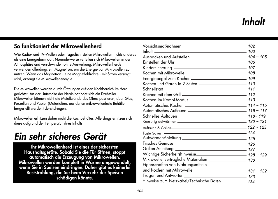 Inhalt, Ein sehr sicheres gerät, So funktioniert der mikrowellenherd | LG MH-6380SL User Manual | Page 109 / 141