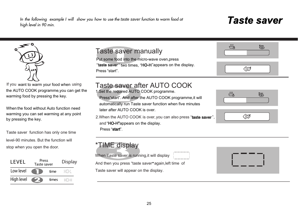 Taste saver, Taste saver manually taste saver after auto cook, Time display | Level, Low level high level, Display | LG MH-6380SL User Manual | Page 25 / 141