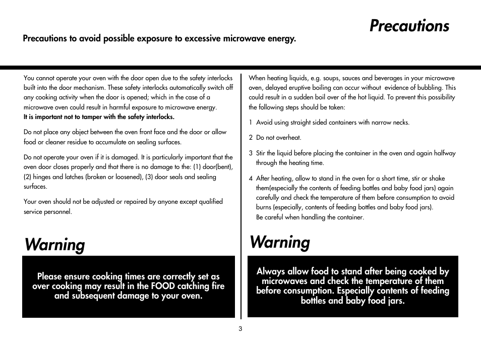 Warning, Precautions | LG MH-6380SL User Manual | Page 3 / 141