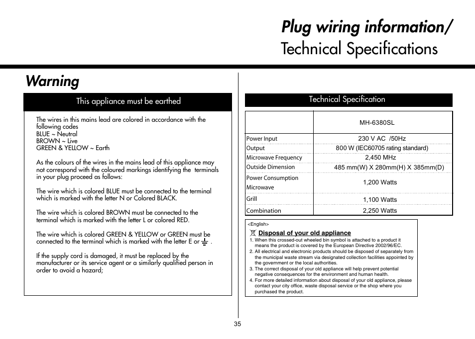 Plug wiring information/ technical specifications, Warning | LG MH-6380SL User Manual | Page 35 / 141