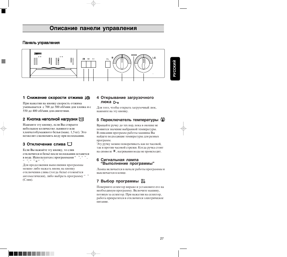 Opisanie paneli upravleniå | Zanussi FL 726 CN User Manual | Page 27 / 39