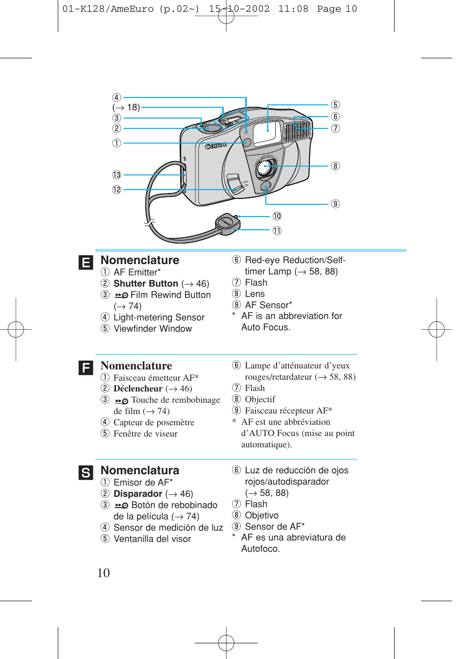 Nomenclature, Nomenclatura | Canon Prima AF-9s Set User Manual | Page 10 / 127