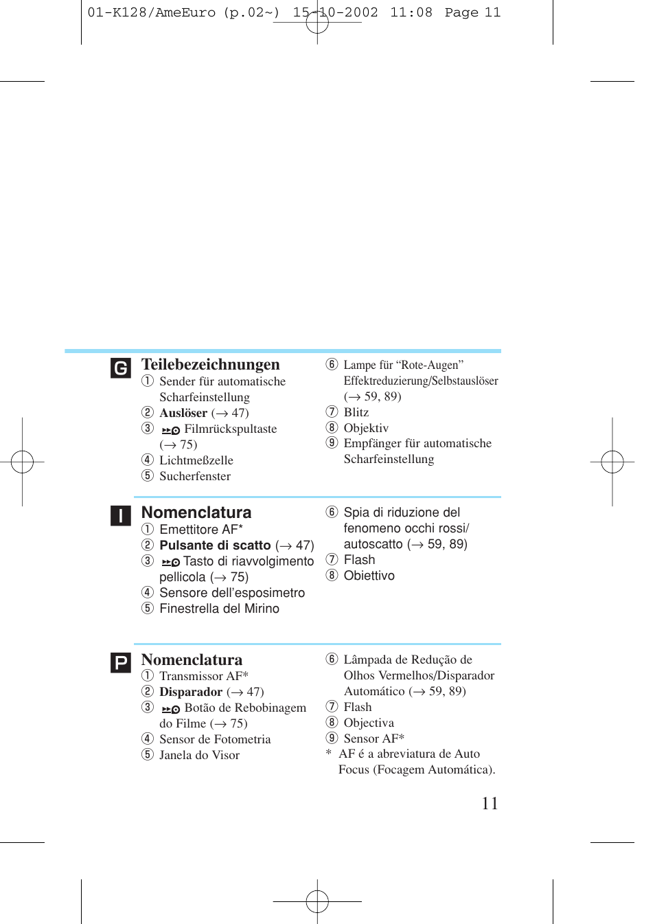 Teilebezeichnungen, Nomenclatura | Canon Prima AF-9s Set User Manual | Page 11 / 127