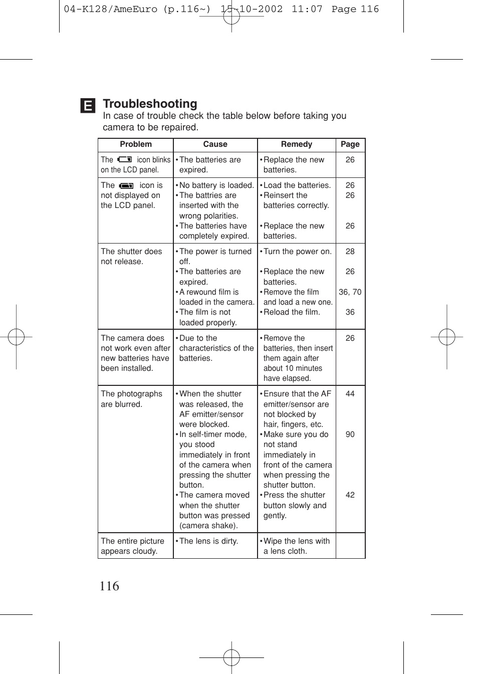 Troubleshooting | Canon Prima AF-9s Set User Manual | Page 116 / 127