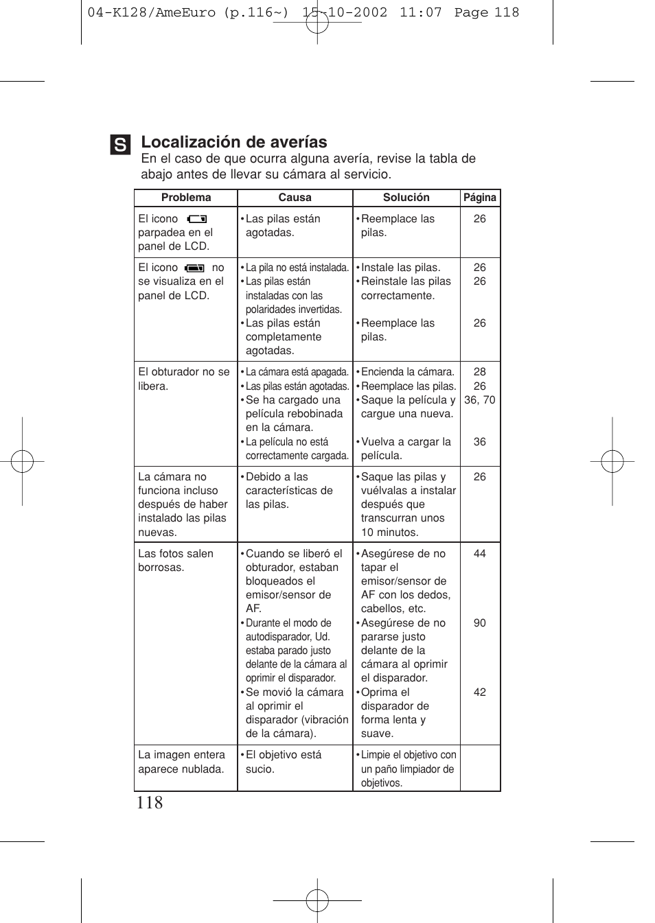 Localización de averìas, Localización de averías | Canon Prima AF-9s Set User Manual | Page 118 / 127