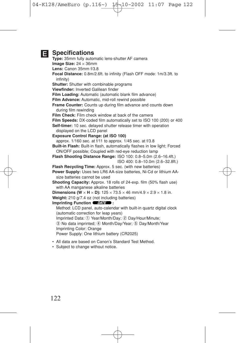 Specifications | Canon Prima AF-9s Set User Manual | Page 122 / 127