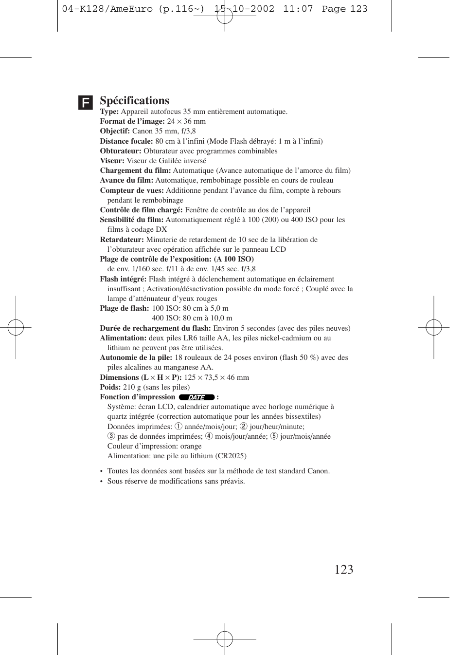 Spécifications | Canon Prima AF-9s Set User Manual | Page 123 / 127