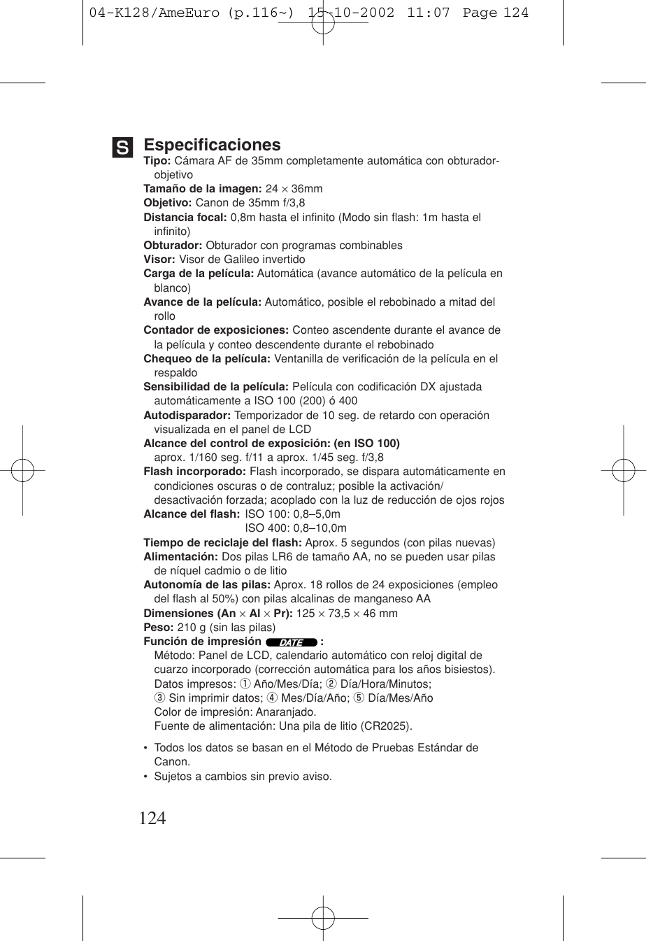 Especificaciones | Canon Prima AF-9s Set User Manual | Page 124 / 127