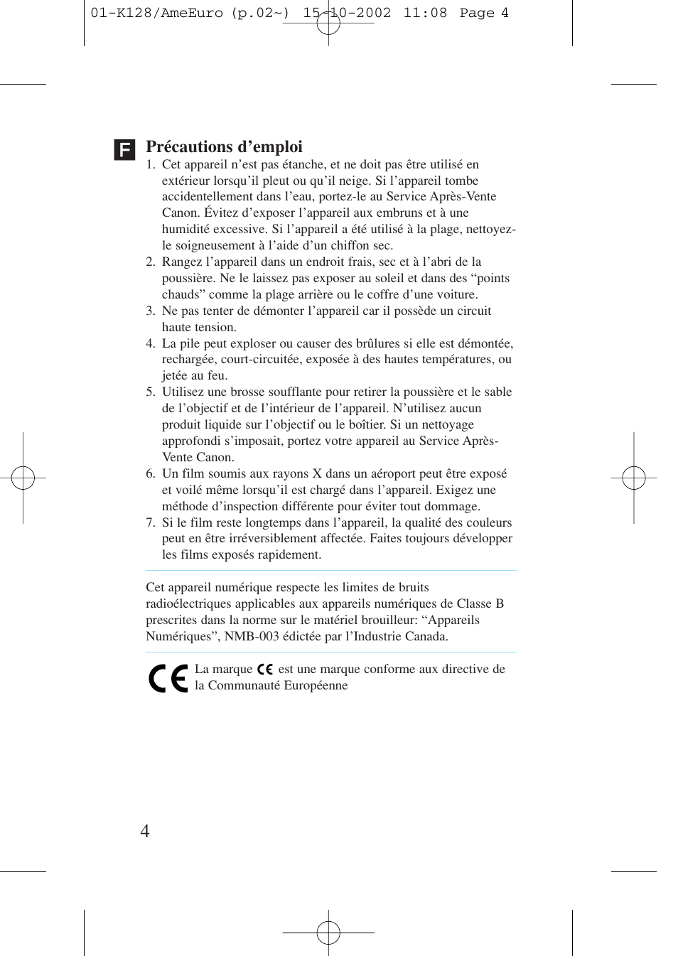 Précautions d’emploi | Canon Prima AF-9s Set User Manual | Page 4 / 127